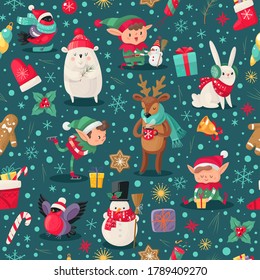 Caracteres de Navidad sin problemas. Ayudantes de Santa Claus, venado y snowman, elfo y oso ártico invierno navidad infantil de invierno diseño de papel pintado, papel textil y de envoltura, textura vectorial