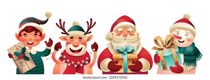 Christmas characters set. Collection of graphic elements for website. Snowman, santa and elf with gift boxes, deer with garland. Cartoon flat vector illustrations isolated on white background