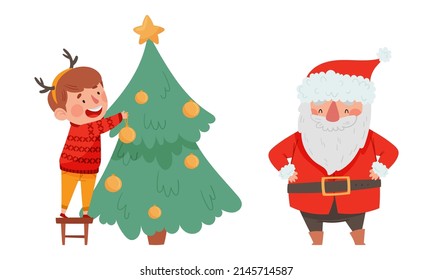 Christmas characters set. Cute boy decorating Xmas tree. Funny Santa Claus cartoon vector illustration
