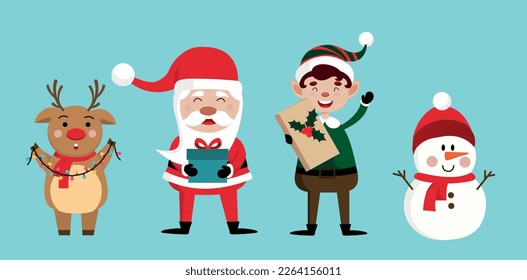 Christmas characters set. Elf, deer, santa and snowman with gifts in their hands. Winter holidays and new year. Fairy tales and fantasy. Cartoon flat vector illustrations isolated on blue background