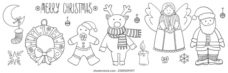 Christmas characters set. Hand drawn cute doodle icons of Santa, deer, Angel, gingerbread. Elements for coloring books, stamps, invitations, etc. Vector illustration.