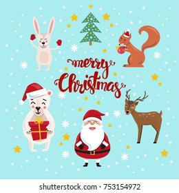 Christmas characters set. Hand drawn lettering. Merry Christmas. Cartoon style. Vector illustration.
