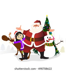 Christmas characters set including Smiling Santa Claus, Cute Little Girl, Reindeer, Snowman and Big Xmas Tree on white background.