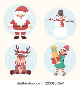 Christmas characters set Santa Claus Elf Snowman deer cute vector illustration