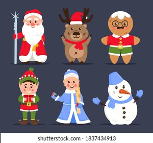 Christmas characters set. Snowman, elf, Gingerbread man, deer, Snow Maiden, Father Frost. New year pictogram collection. Editable vector illustration in flat simple style isolated on a dark background