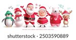 Christmas characters set vector banner design. Santa claus, mrs claus, snowman, penguin, polar bear and reindeer characters singing and smiling christmas character collection. Vector illustration 