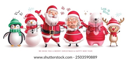 Christmas characters set vector banner design. Santa claus, mrs claus, snowman, penguin, polar bear and reindeer characters singing and smiling christmas character collection. Vector illustration 