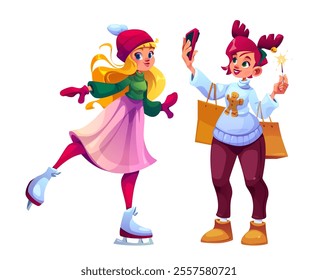 Christmas characters set - young girl ice skating in winter scarf and hat, smiling woman taking selfie photo with phone and holding shopping bags with sparkler in sweater with gingerbread cookie image