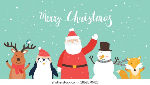 Christmas characters - snowmen, Santa Claus, fox, penguin, reindeer and reindeer isolated on green background