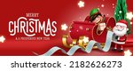 Christmas characters vector background design. Merry christmas greeting text with santa claus and elf characters riding sleigh and reading scroll element for xmas gift giving season.