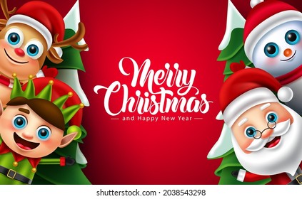 Christmas characters vector background design. Merry christmas text with santa claus, elf, reindeer and snow man xmas 3d character for holiday season decoration. Vector illustration.
