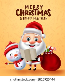Christmas characters vector banner design. Merry christmas greeting text with santa and snowman character reading wish list with red sack of gifts for holiday season gift giving card.