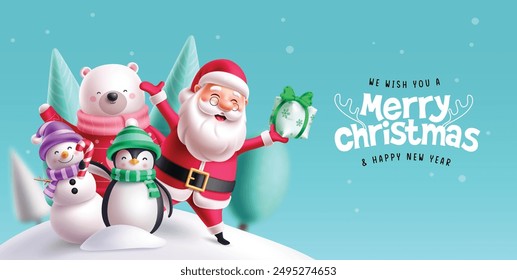 Christmas characters vector banner design. Merry christmas and happy new year greeting text with santa claus, snow man, polar bear and penguin waving character in snow winter background. Vector 