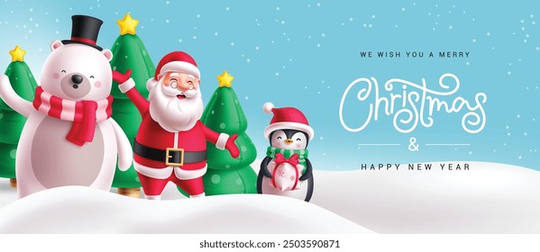 Christmas characters vector banner design. Merry christmas and happy new year greeting text with santa claus, polar bear, penguin and pine tree balloons in snow winter background. Vector illustration 