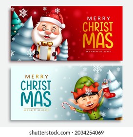 Juego de banner vectorial de caracteres navideños. Feliz navidad texto de bienvenida con santa claus y elfo personaje sosteniendo regalos y caña de caramelo para la colección de diseño de navidad. Ilustración vectorial.
