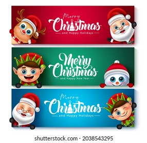 Juego de banner vectorial de caracteres navideños. Feliz navidad texto de bienvenida con santa claus, reno, elfo y personaje de hombre de nieve para el diseño de tarjetas navideñas navideñas de navidad. Ilustración vectorial.
