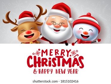 Christmas characters vector banner template. Merry christmas text in white empty space for messages with xmas character like santa claus, reindeer and snowman for holiday greeting card.