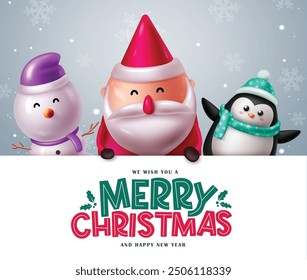 Christmas characters vector banner template. Merry christmas typography text in empty space white board with characters like happy santa claus, cute snowman and penguin in winter background. Vector 