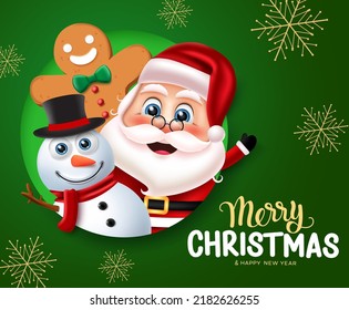 Christmas characters vector design. Christmas characters like santa claus, snowman and gingerbread in waving and friendly facial expression for xmas holiday season background. Vector illustration.
