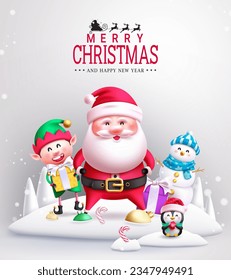 Christmas characters vector design. Merry christmas greeting text with santa claus, reindeer, snowman and penguin character in winter snow concept. Vector illustration xmas season card.
