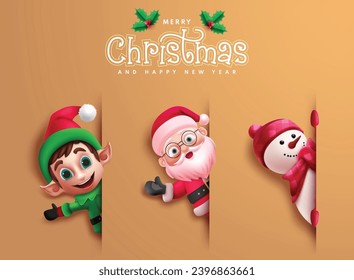 Diseño vectorial de caracteres navideños. Feliz navidad y feliz tarjeta de saludo de año nuevo con santa claus, renos y muñecos de nieve adorables personajes sonrientes con un elegante fondo. xmas de ilustración de vector 
