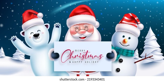 Christmas characters vector design. Santa claus, snowman and polar bear characters in winter eve with merry christmas greeting for xmas celebration. Vector illustration.
