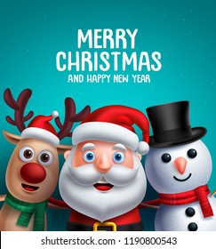 Christmas characters vector illustration and merry christmas greeting. Santa claus, reindeer and snowman smiling in blue background with space for text.
