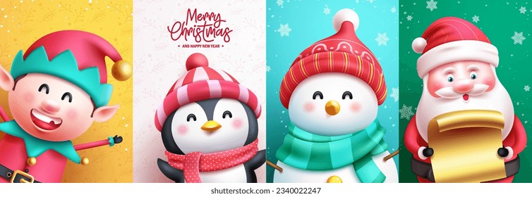 Diseño de conjunto de afiches vectoriales de caracteres navideños. Feliz navidad con texto de bienvenida con personajes de navidad como santa claus, snowman, pingüino y personaje de reno. Caracteres estacionales de la ilustración del vector 