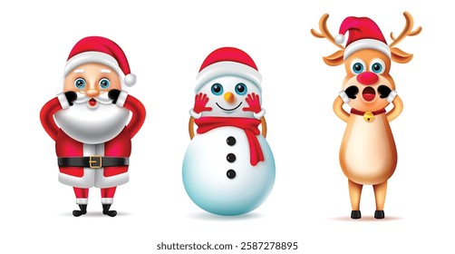 Christmas characters vector set. Christmas 3d character in standing pose and gestures with cute and friendly facial expression for holiday season design. Vector illustration.
