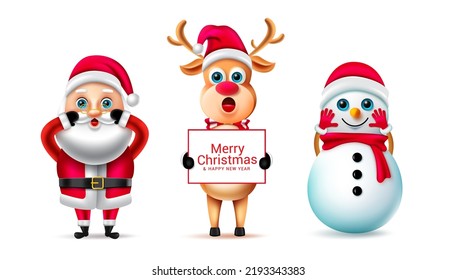 Christmas characters vector set. Christmas character like santa claus, snowman and reindeer holding whiteboard with merry christmas greeting messages for xmas collection design. Vector illustration.
