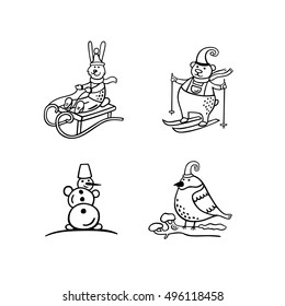 Christmas characters. Vector set of cute isolated snowman, rabbit on a sledge, bear skiing and bird in a hat. Black and white christmas icons for winter design