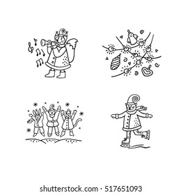 Christmas characters. Vector set of cute isolated squirrel playing the trumpet, cat skiing, funny animals jumping under the snowfall, holiday garland and toys. Black and white icons for winter design