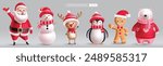 Christmas characters vector set design. Christmas character santa claus, snow man, reindeer, penguin, ginger bread and bear collection in isolated background. Vector illustration holiday season 