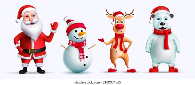 Christmas characters vector set design. Santa claus, reindeer, snowman and polar bear 3d christmas character with cute and friendly pose and expressions for xmas season collection. Vector illustration