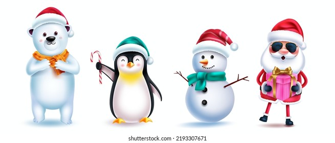 Weihnachtsfiguren Vektordesign. Weihnachtsmann, Eisbär, Schneemann und Pinguin 3D-Weihnachtsfigur einzeln auf weißem Hintergrund für Weihnachtsfeiertage. Vektorgrafik.
