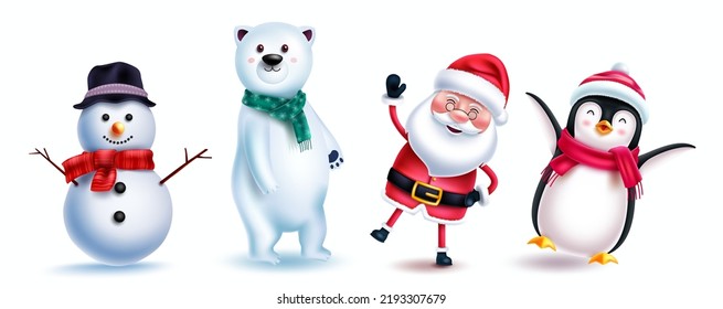 Christmas characters vector set design. Santa claus, snowman, penguin and polar bear 3d christmas characters with friendly and jolly gesture for xmas collection. Vector illustration.
