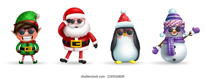 Christmas characters vector set design. Santa claus, elf, snowman and penguin 3d christmas character isolated in white background for xmas holiday collection. Vector illustration.
