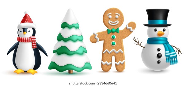 Christmas characters vector set design. Christmas characters penguin, ginger bread and snowman for holiday seasonal elements and decoration in white background. Vector illustration seasonal characters