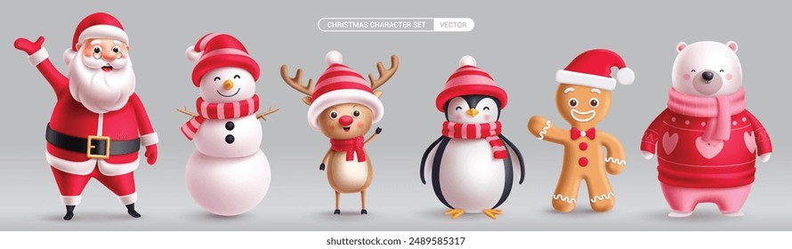 Christmas characters vector set design. Christmas character santa claus, snow man, reindeer, penguin, ginger bread and bear collection in isolated background. Vector illustration holiday season 