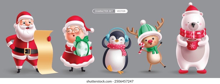 Christmas characters vector set design. Santa claus reading wish list, mrs claus holding gift box, penguin, reindeer and polar bear character collection. Vector illustration xmas characters set.
