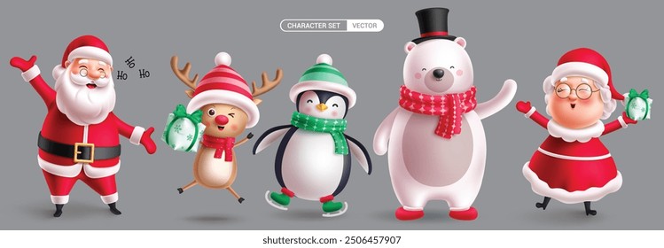 Christmas characters vector set design. Chrisitmas cute characters in standing pose, singing, holding gifts and happy smiling character collection. Vector illustration mascot costume set. 
