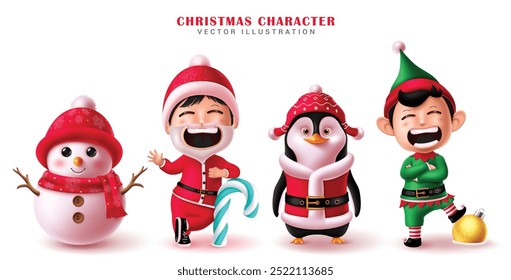 Christmas characters vector set design . Santa claus, snowman, penguin and elf christmas character in happy posing, friendly waiving and cute smiling in white isolated background. Vector illustration 