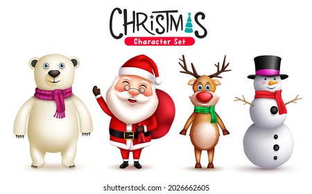 Christmas characters vector set. Santa claus 3d xmas character with snowman, reindeer and polar bear for christmas friendly facial expressions design collection. Vector illustration