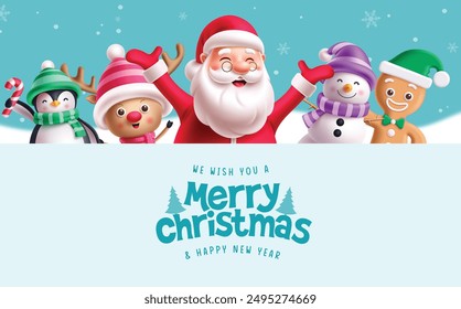 Christmas characters vector template design. Merry christmas and happy new year greeting text in empty board space with santa claus, reindeer, snowman and penguin character. Vector illustration 