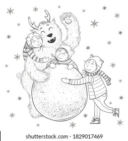 Christmas characters Yeti and 
children are molding snowman. isolated on background. Christmas greeting card template, vector.