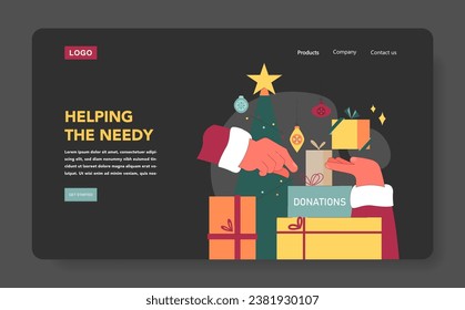 Christmas charity dark mode or night mode web banner or landing page. Holiday donations to help needy people. Social charitable foundation. Boxes with humanitarian aid. Flat vector illustration