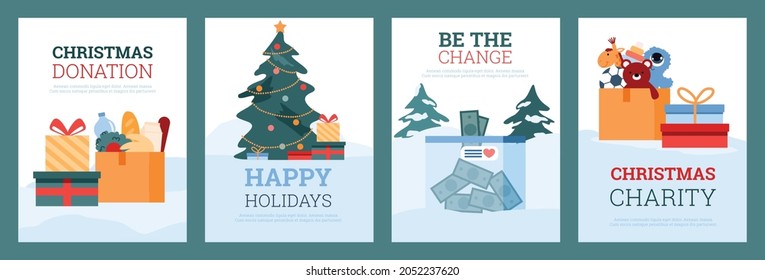 Christmas charity and donation event banners or posters for social medias, flat vector illustration. Flyers or cards collection for for Xmas holiday charity.