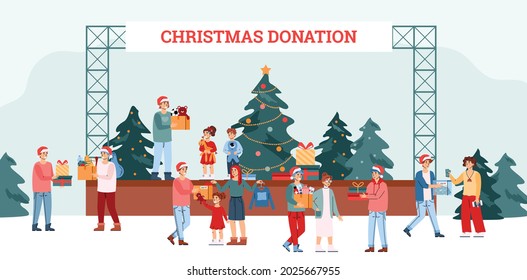 Christmas charity and donation event with volunteers collecting clothes and toys for children, vector illustration. Xmas charity help and support for those in need.