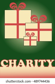 Christmas charity flyer with simple boxes, red ribbons and charity inscription. Vector drawing template on green background.