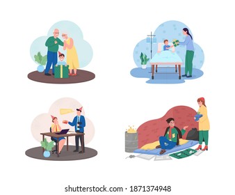 Christmas charity gift 2D vector web banner, poster set. Happy female and male flat characters on cartoon background. Winter holiday printable patch, colorful web element collection